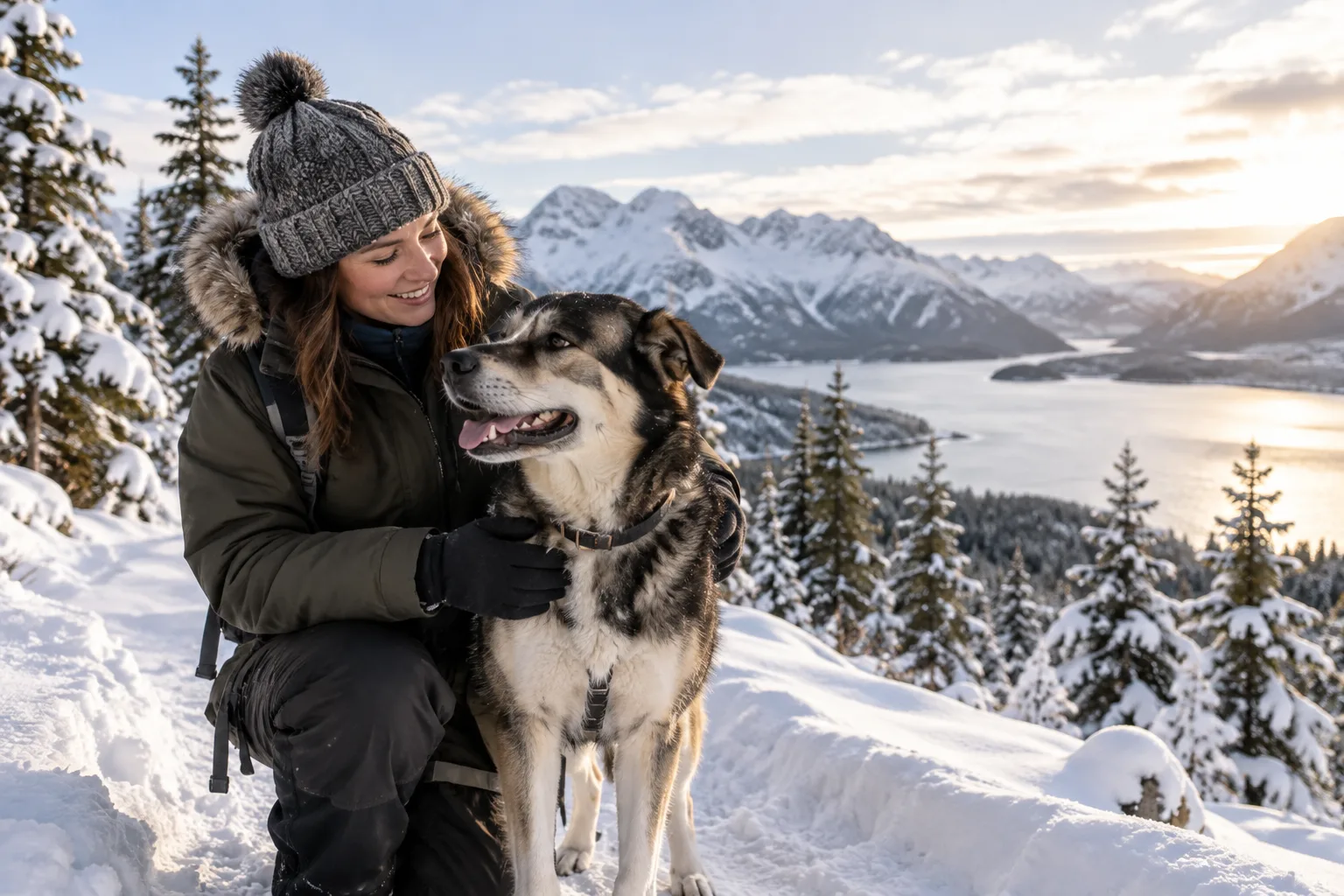 Owner with a dog outdoors in a snowy landscape